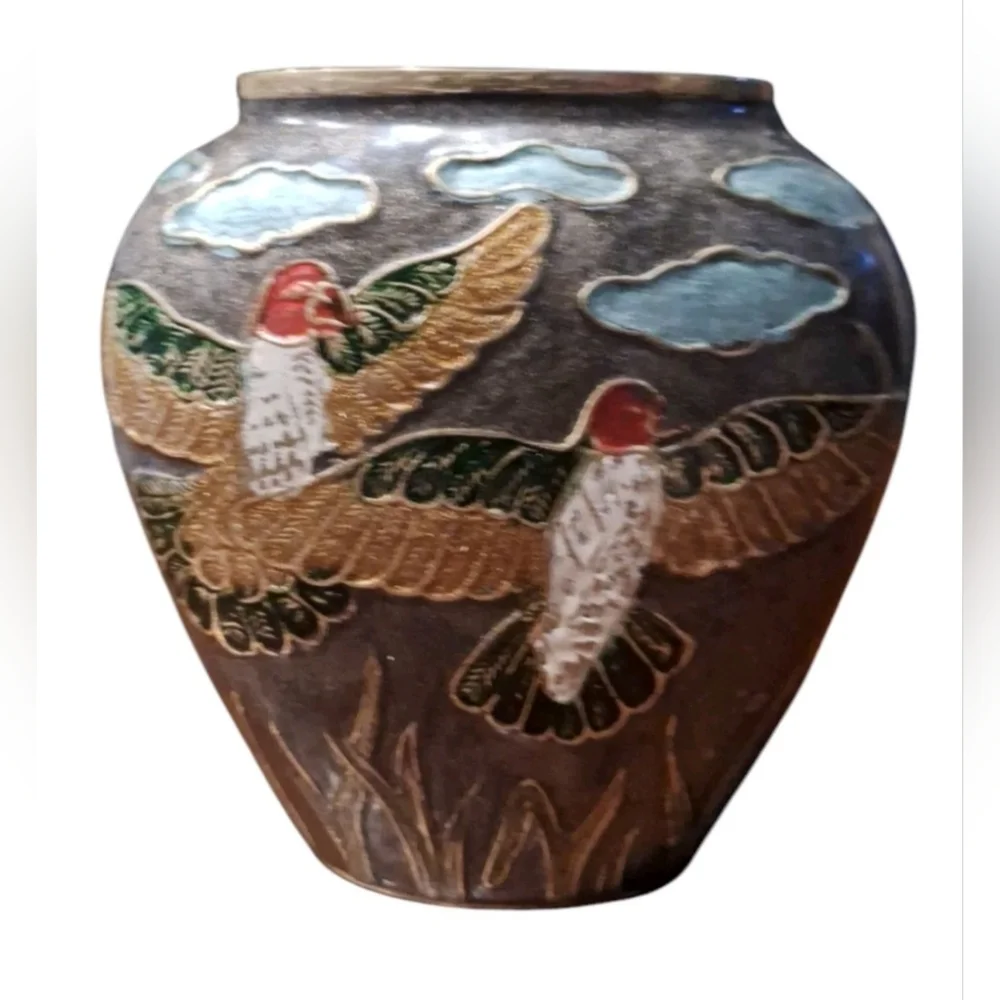 Vintage Brass Enamel Vase Nature Bird Animals Scene